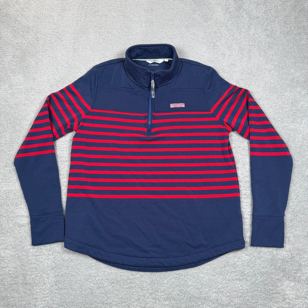 Vineyard Vines Shep Shirt Womens Small Navy Red Striped Quarter Zip Thumbholes